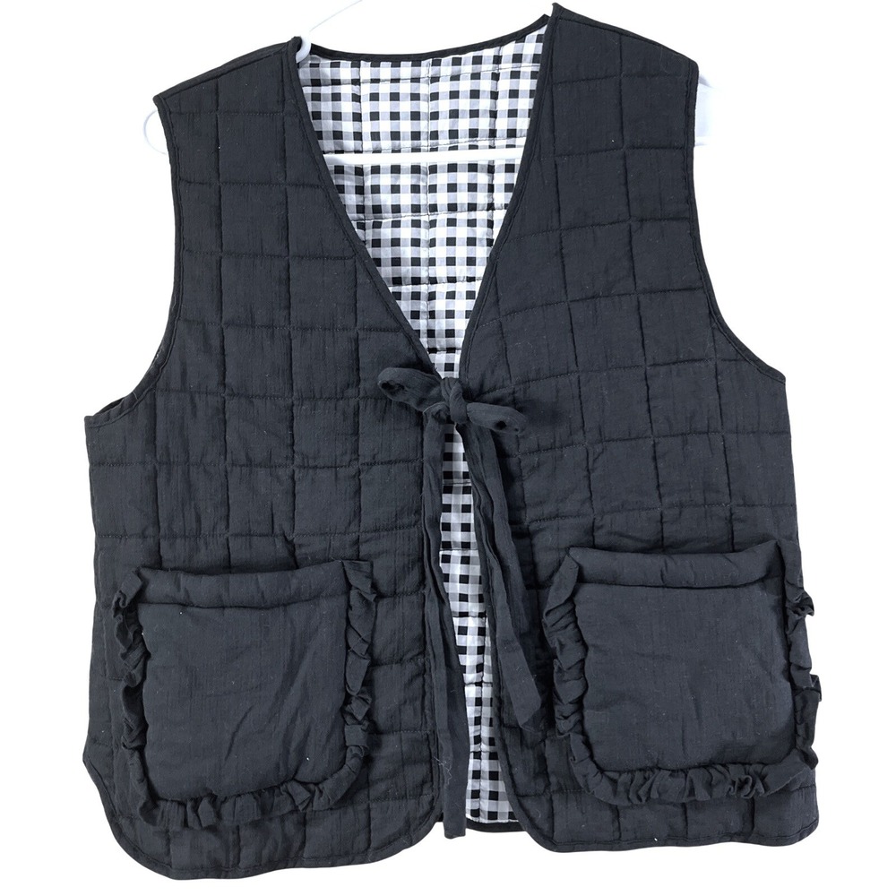 Handmade Quilted Vest Womens M Black Gingham Lined‎ Ruffle Pocket Tie Front Boho
